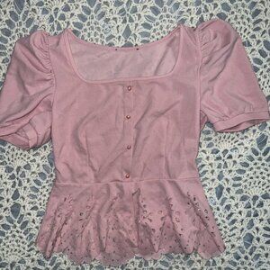 NWOT Button Front Scallop Edge Rose Puffed‎ Short Sleeves Blouse Top Sz XS C08